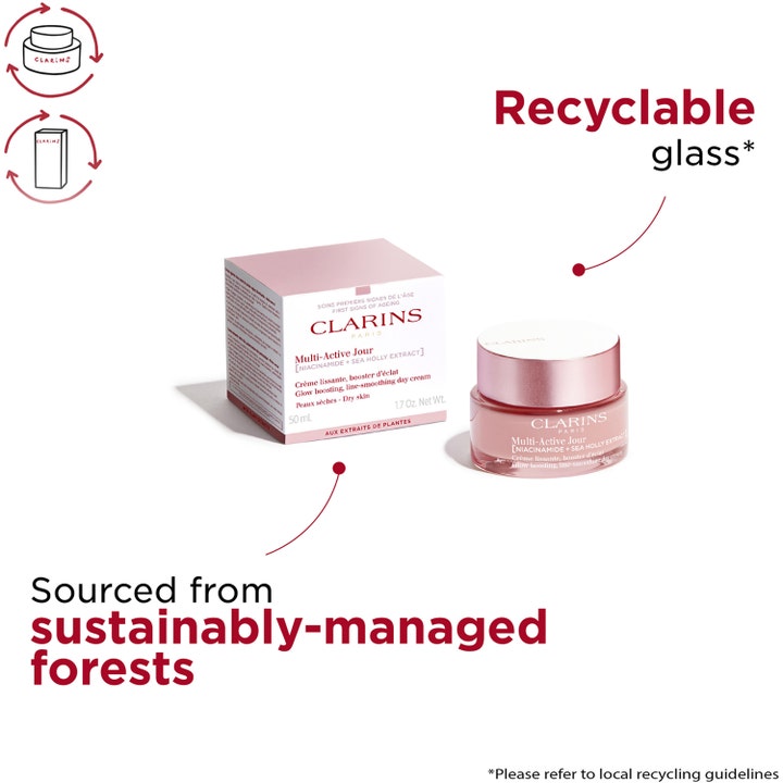Clarins Multi-Active Jour 50 ml glødgivende dagkrem i resirkulerbar rosa glasskrukke og eske