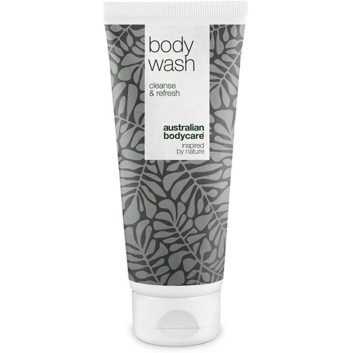 Australian Bodycare Body Wash rensende og forfriskende dusjsåpe i hvit tube med grått bladmønster