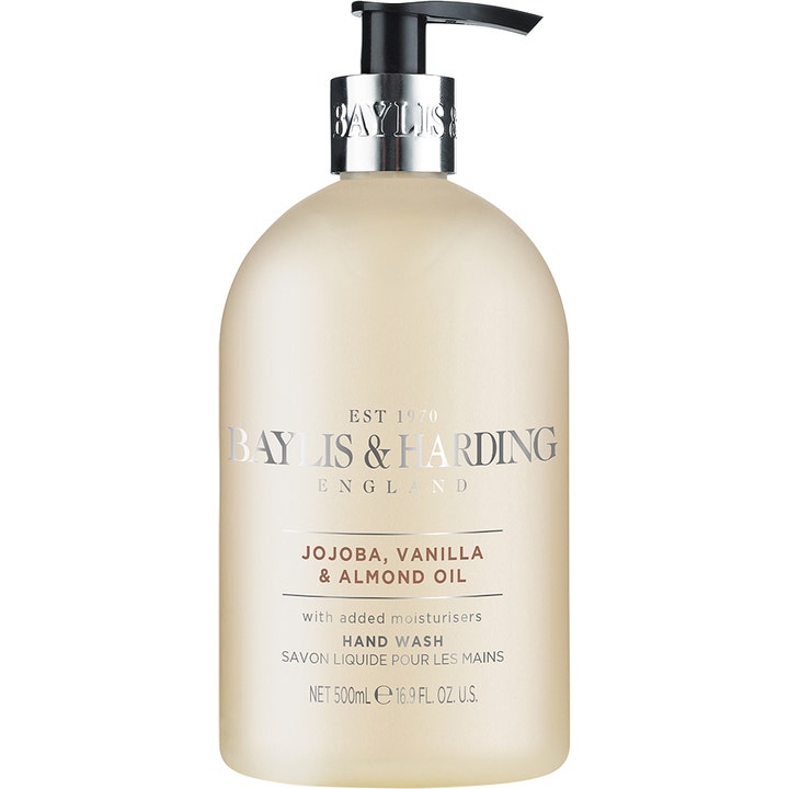 Baylis & Harding Jojoba Vanilla & Almond Oil 500 ml fuktighetsgivende håndsåpe i frostet beige flaske med sølvdetaljer