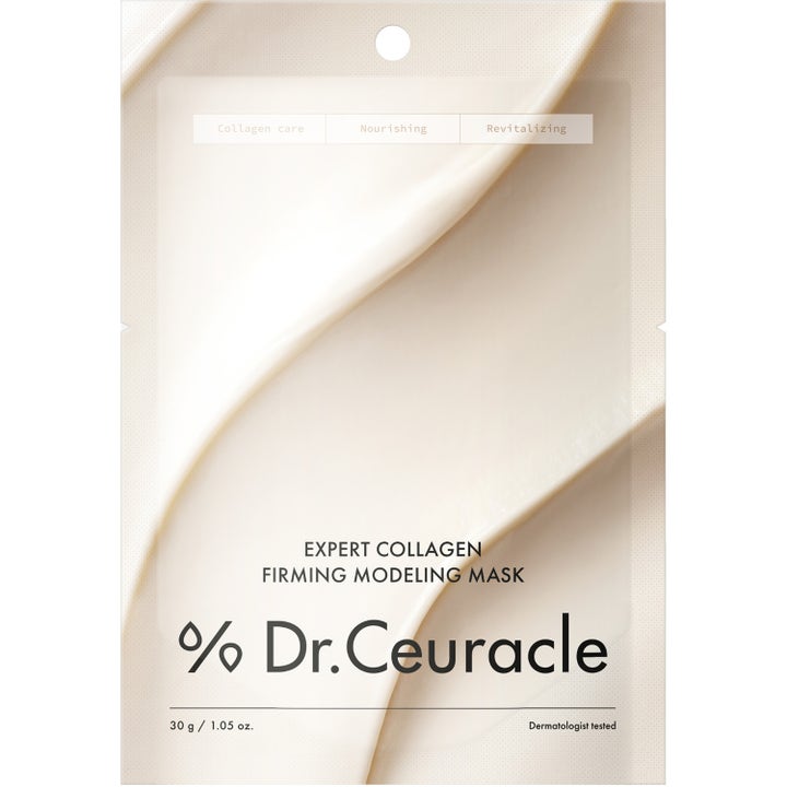 Dr.Ceuracle Expert Collagen Firming Modeling Mask 30 g oppstrammende ansiktsmaske i beige pose med bølgeformet tekstur