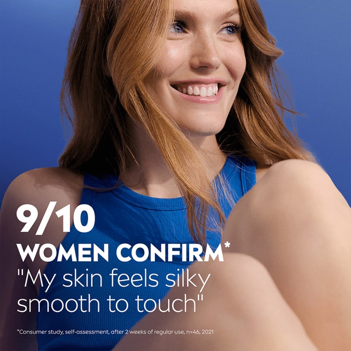 NIVEA Smooth Caring Lotion 250 ml body lotion med smilende kvinne og tekst 9/10 women confirm my skin feels silky smooth.