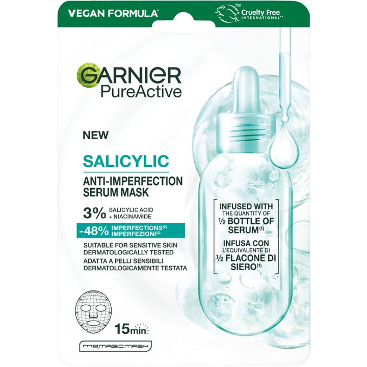 Garnier PureActive Salicylic Anti-Imperfection Serum Mask 1 stk ansiktsmaske mot urenheter i hvit og grĂžnn pose