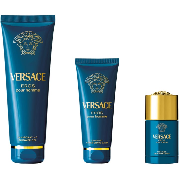 Versace Eros sett med shower gel after shave balm og deodorant i blå emballasje med gullfarget Medusa