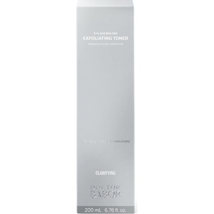 Doctor Babor Instant Exfoliating Toner 200 ml eksfolierende ansiktsvann i sølvfarget eske med 9 % AHA og BHA