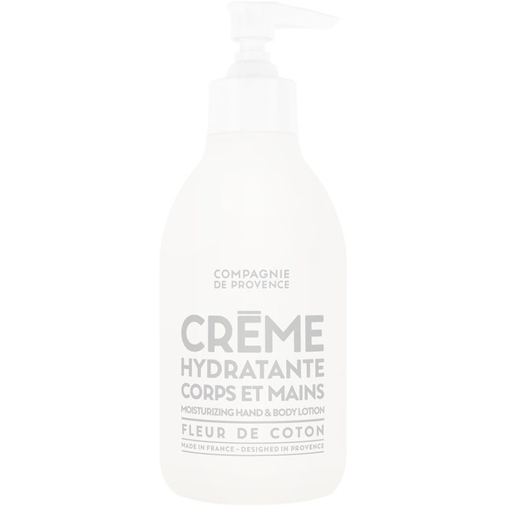 Compagnie de Provence Fleur de Coton fuktighetsgivende bodylotion og håndkrem i hvit frostet pumpeflaske.