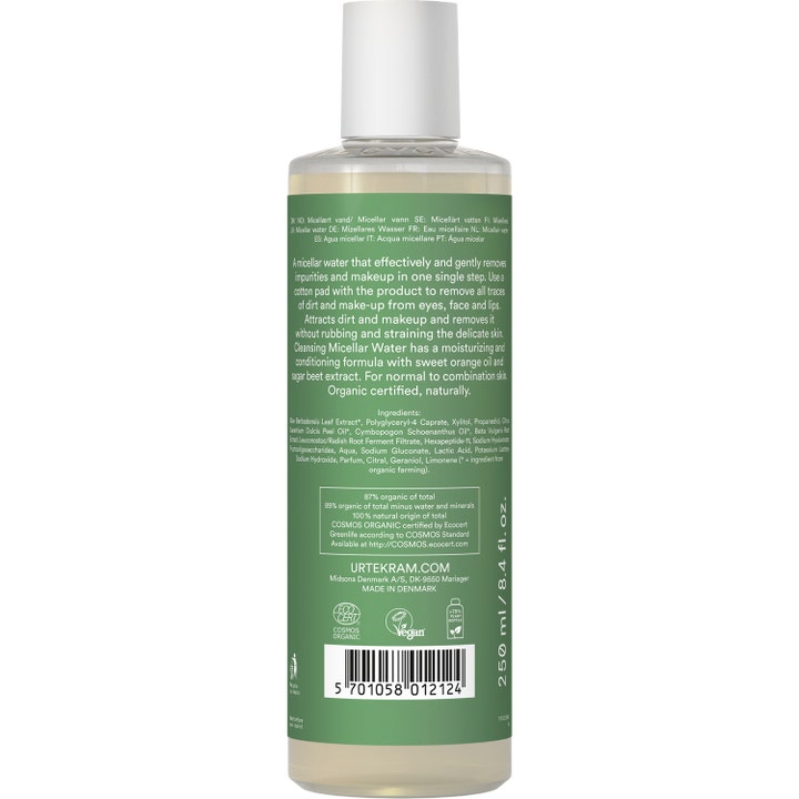 Urtekram Wild Lemongrass Micellar Water 245 ml ansiktsrens viser baksiden av flasken med grønn etikett og ingredienser.