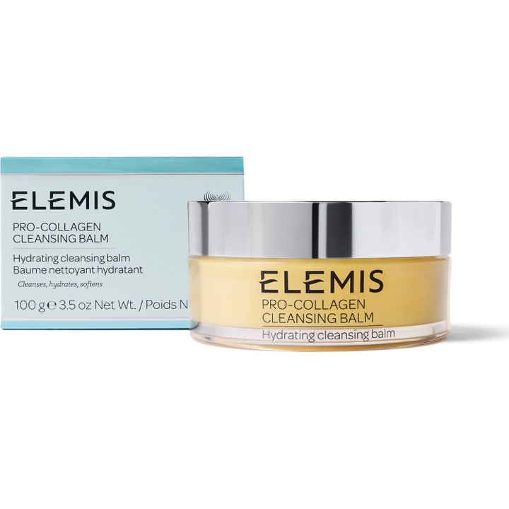 Elemis Pro-Collagen Cleansing Balm 100 g fuktighetsgivende rens i klar krukke med sølvlokk og lyseblå eske.