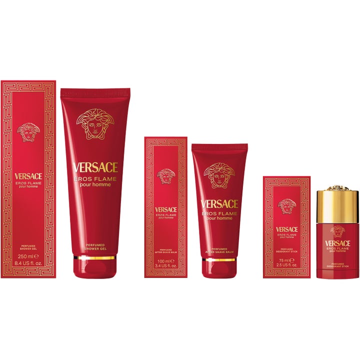 Versace Eros Flame 75 ml deostick herredeodorant i rød forpakning vist med matchende dusjgelé og aftershave med gulldetaljer