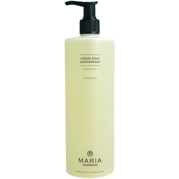 Maria Åkerberg Liquid Soap Lemongrass oppfriskende flytende såpe i hvit flaske med praktisk svart pumpe