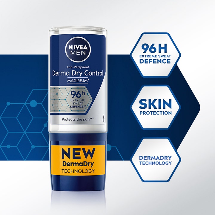 NIVEA Derma Dry Maximum Protection 50 ml roll-on deodorant gir 96 timers beskyttelse med DermaDry-teknologi