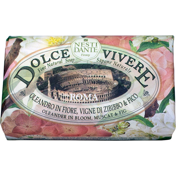 Nesti Dante Dolce Vivere Roma 250g naturlig fast såpe i papir med illustrasjon av Colosseum og rosa oleander