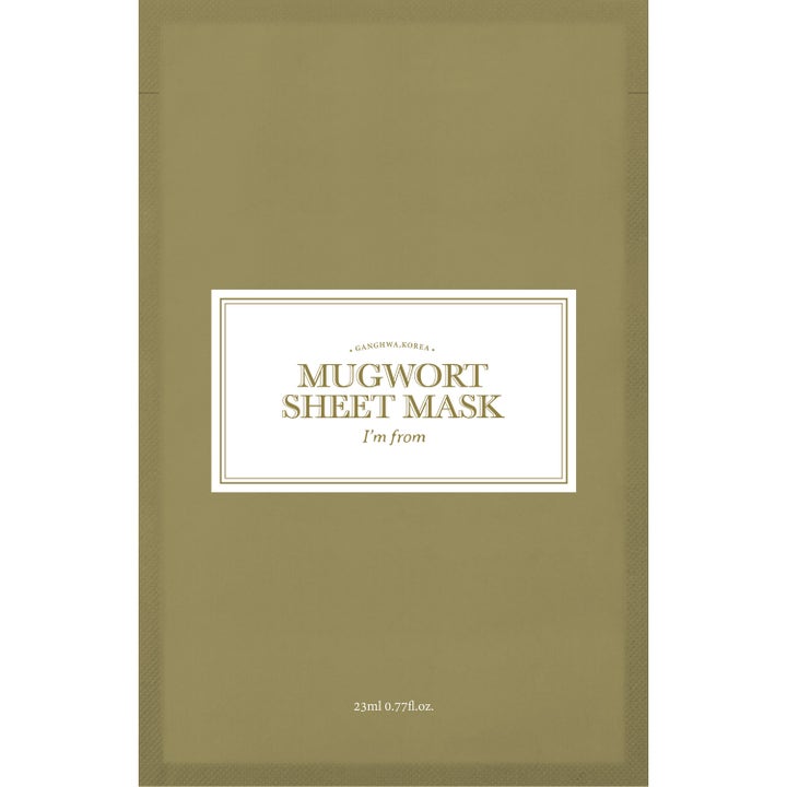 I'm from Mugwort Sheet Mask 23ml beroligende ansiktsmaske i en olivengrønn pose med hvit etikett