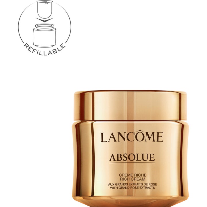 Lancôme Absolue Crème Riche ansiktskrem gir glød og fuktighet i en elegant gullfarget krukke som kan fylles på