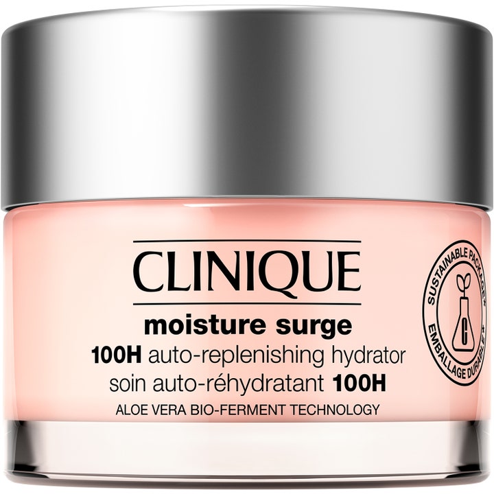 Clinique Moisture Surge 100H fuktighetskrem som gir intens fukt i en glasskrukke med rosa gelé og sølvfarget lokk.