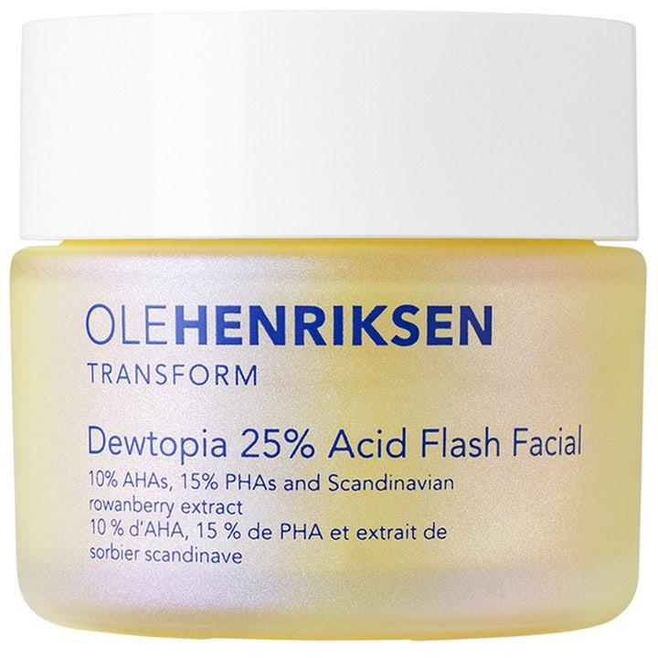 Olehenriksen Dewtopia 25% Acid Flash Facial 50 ml eksfolierende maske med AHA og PHA i frostet krukke med hvitt lokk
