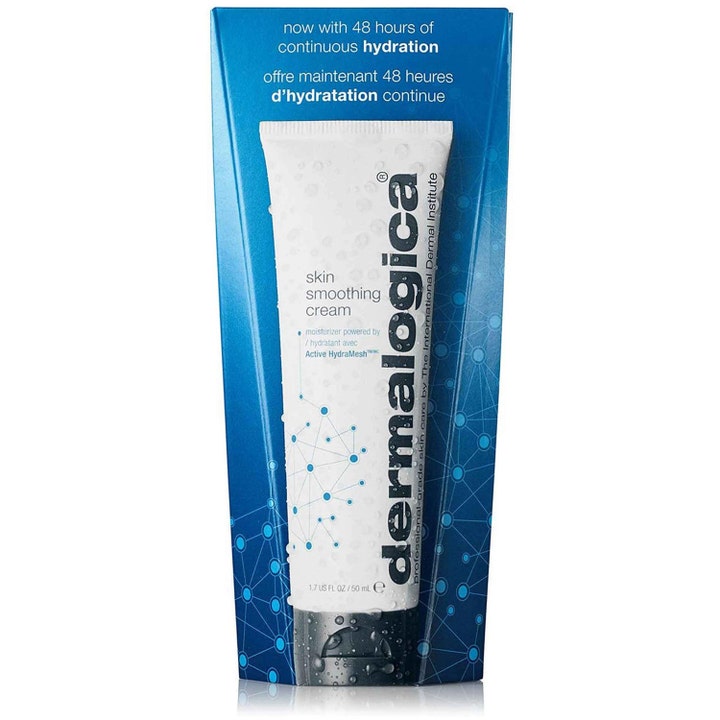 Dermalogica Skin Smoothing Cream 50 ml fuktighetsgivende ansiktskrem i hvit tube foran blå eske med 48 timers fukt