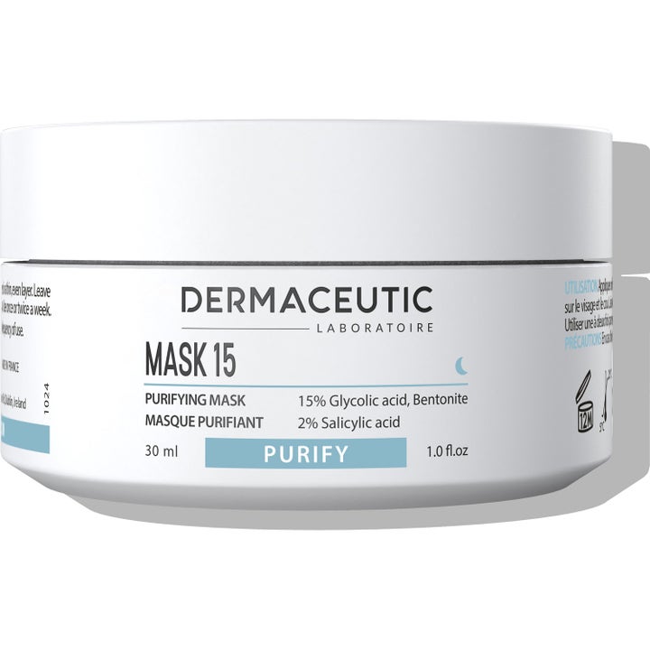 Dermaceutic Mask 15 30 ml dyprensende ansiktsmaske som fornyer huden i en hvit krukke med blå detaljer.
