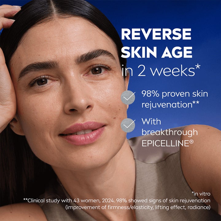 NIVEA Cellular Epigenetics 15 ml serum for hudforyngelse med kvinne og tekst om Reverse skin age in 2 weeks