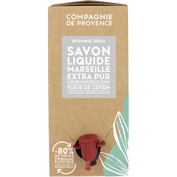 Compagnie de Provence Savon Liquide Marseille Fleur de Coton refill rengjørende såpe i brun pappeske med rød tappekran.