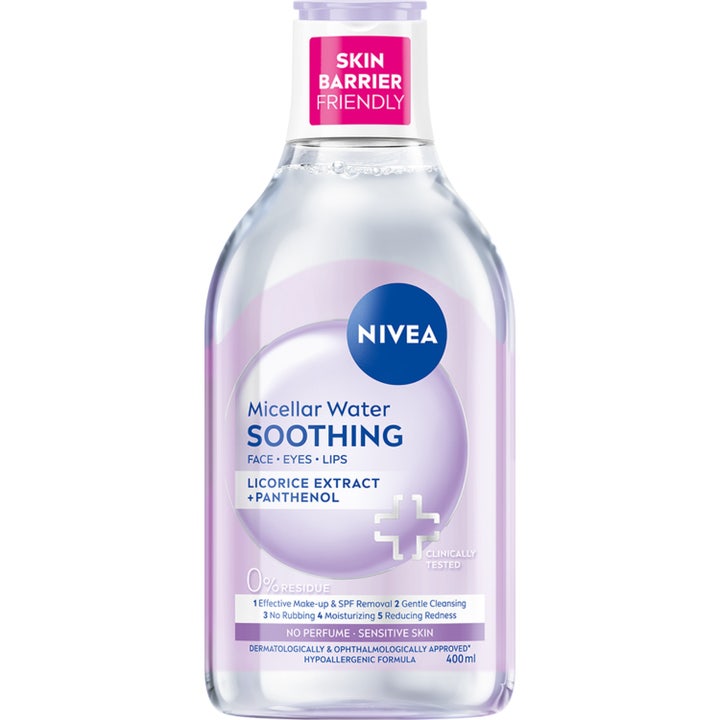 Nivea Micellar Water Soothing 400 ml ansiktsrens med panthenol i gjennomsiktig plastflaske med lilla etikett.