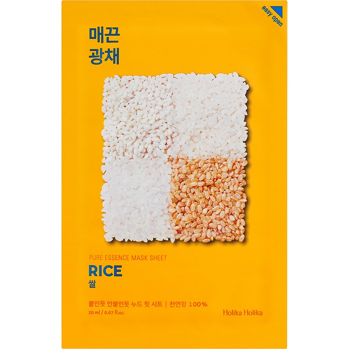 Holika Holika Pure Essence Mask Sheet Rice 20 ml ansiktsmaske i gul pakning med bilde av hvit og brun ris