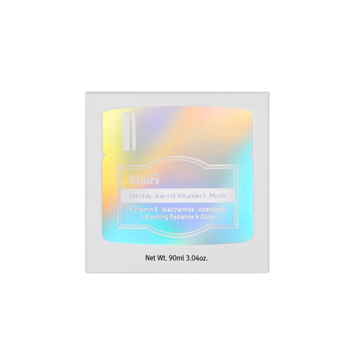 Klairs Freshly Juiced Vitamin E Mask 90 ml ansiktsmaske for glød i hvit eske med holografisk etikett og niacinamid
