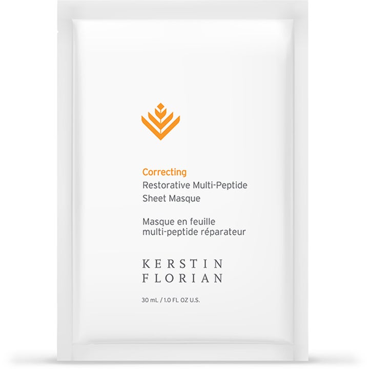 Kerstin Florian Correcting Restorative Multi-Peptide Sheet Masque 30 ml hvit pose med oransje logo som gjenoppbygger huden