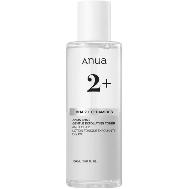 Anua BHA 2 + Ceramides Gentle Exfoliating Toner 150 ml eksfolierende toner i klar flaske med hvitt lokk.