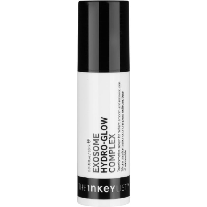 The Inkey List Exosome Hydro-Glow Complex 30ml glødgivende serum i hvit sylindrisk flaske med svart pumpekork
