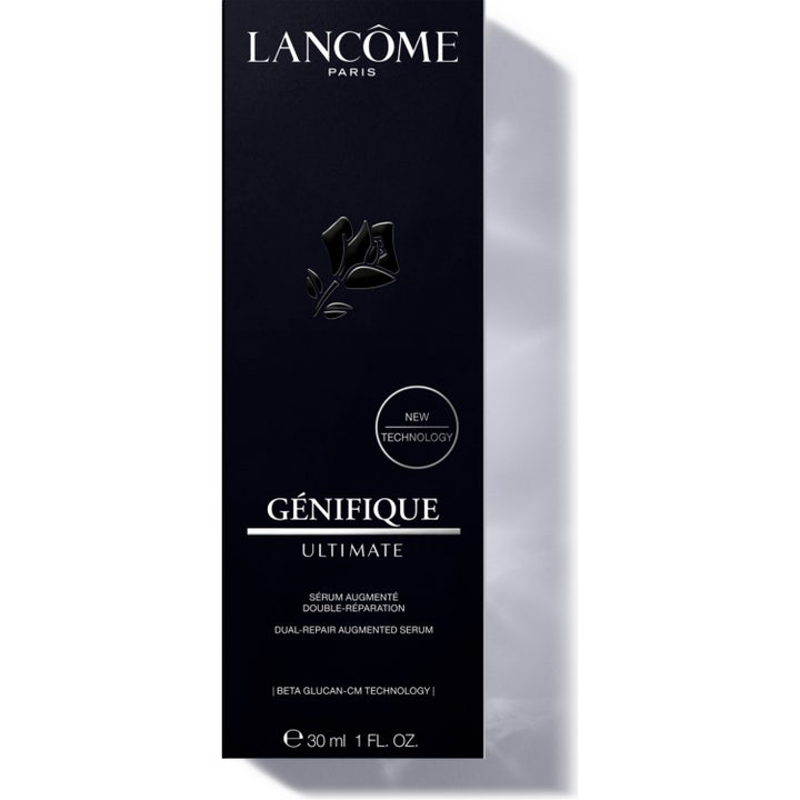 Lancôme Génifique Ultimate Serum 30 ml reparerende ansiktsserum i sort eske med sølvtekst og rose-logo