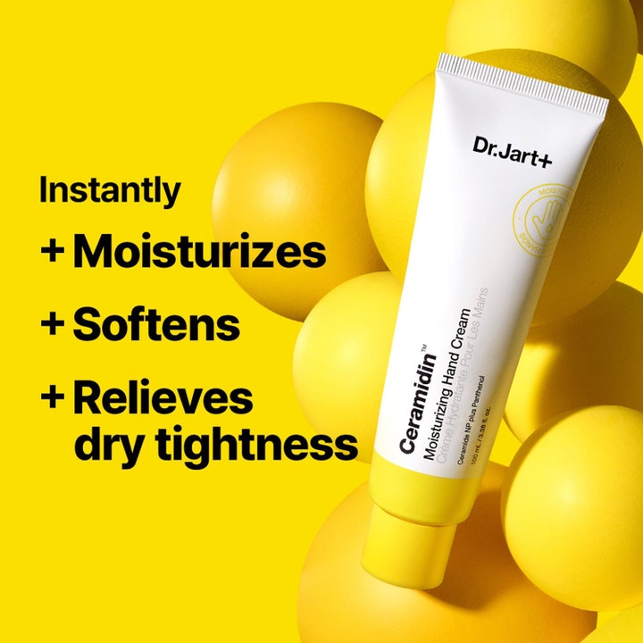 Dr.Jart+ Ceramidin Moisturizing Hand Cream 100 ml fuktighetsgivende håndkrem mot tørr hud i hvit tube med gult lokk.
