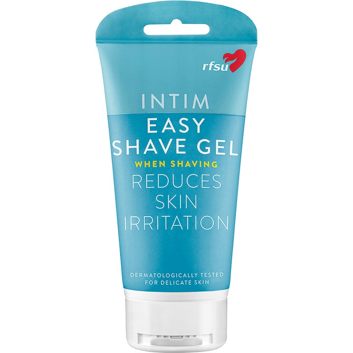 RFSU Intim Easy Shave Gel beroligende barbergele som motvirker irritasjon i en lyseblå tube med hvit kork.
