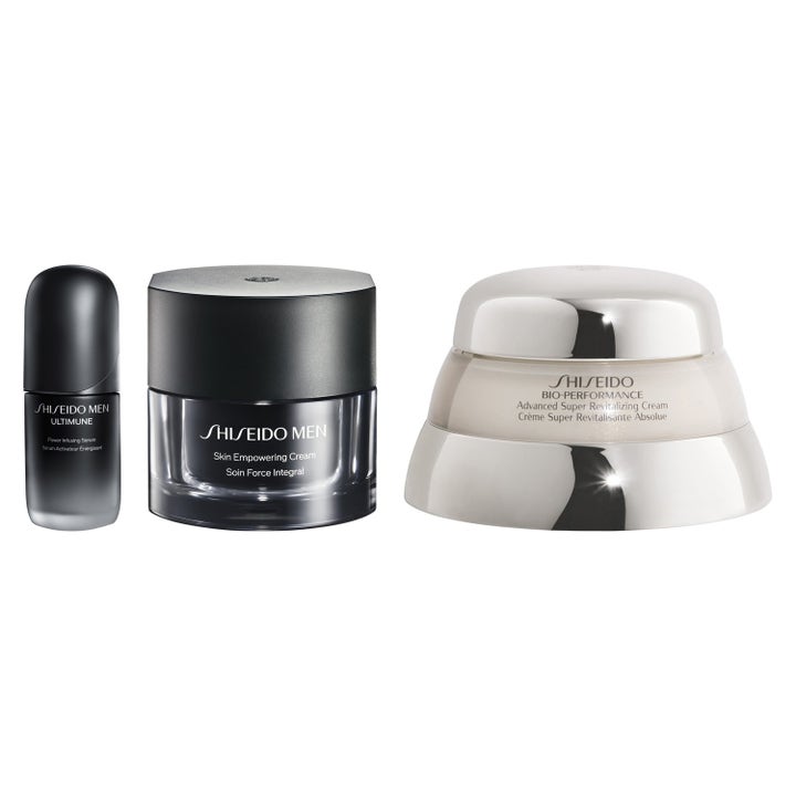 Shiseido Men og Bio-Performance revitaliserende hudpleiesett med krukker og flaske i sort og skinnende sølvdesign.