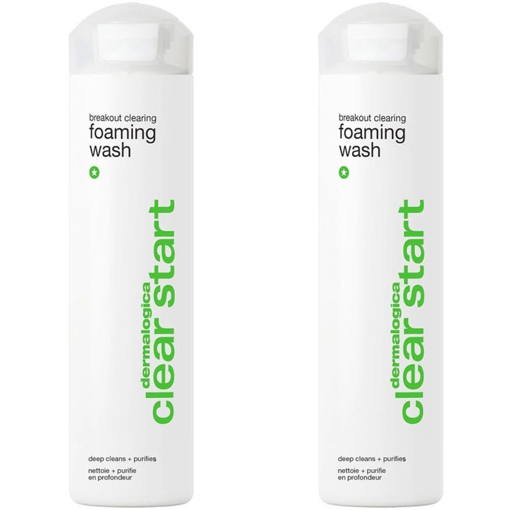 Dermalogica Clear Start Breakout Clearing Foaming Wash dyprensende ansiktsvask i to hvite flasker med grønn skrift