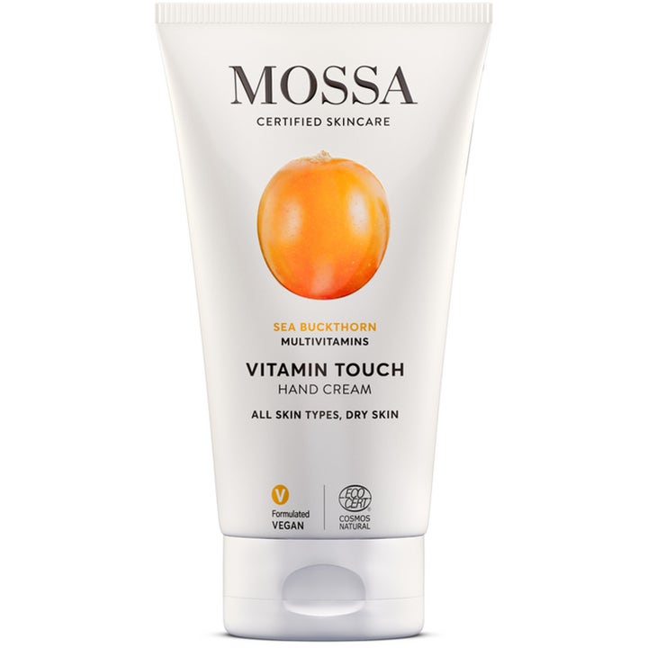 Mossa Vitamin Touch Hand Cream pleiende håndkrem med tindved i hvit tube med bilde av et oransje bær