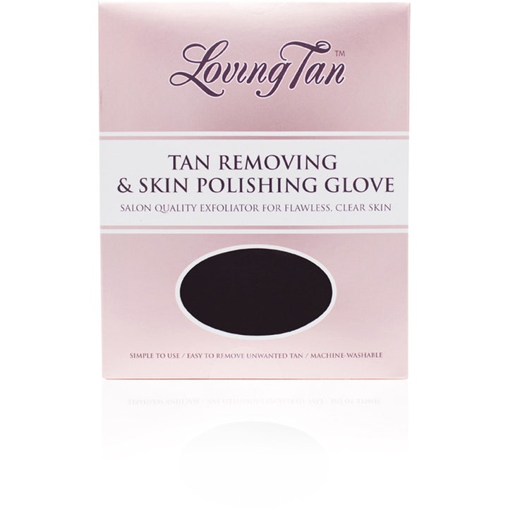 Loving Tan Tan Removing & Skin Polishing Glove eksfoliering fjerner selvbruning i rosa eske med svart selbruningshanske