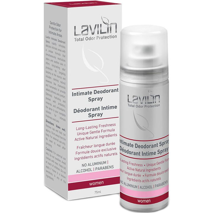Lavilin Intimate Deodorant Spray 75ml mot lukt i intimområdet med sølvfarget sprayflaske og hvit eske
