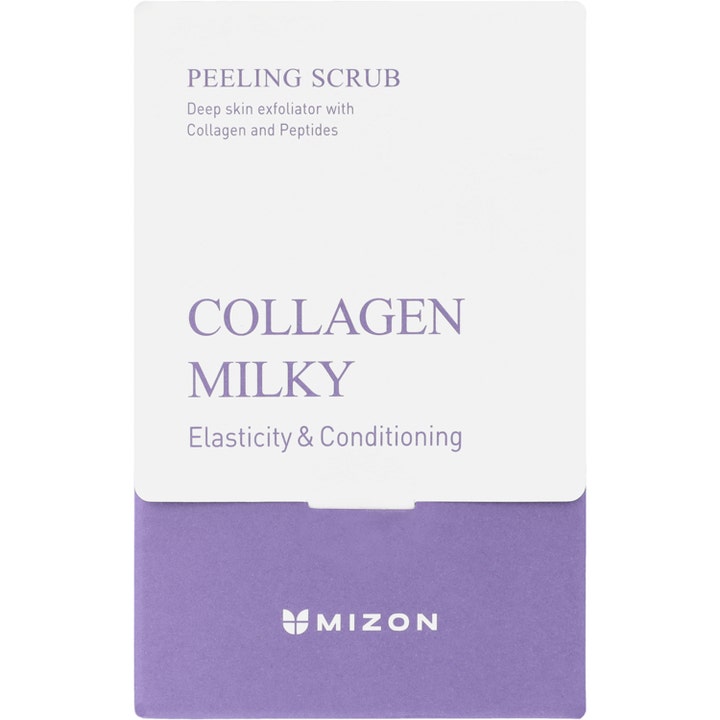 Mizon Collagen Milky Peeling Scrub 5 g ansiktsskrubb i hvit og lilla porsjonspakning som gir elastisitet med peptider