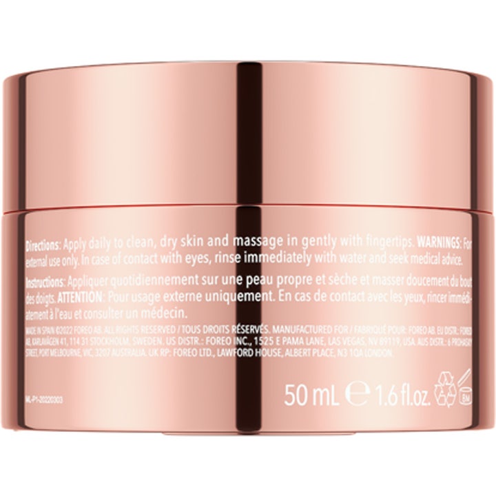 FOREO SUPERCHARGED HA + PGA Triple Action Intense Moisturizer 50 ml fuktighetsgivende ansiktskrem i rosegull krukke bakside