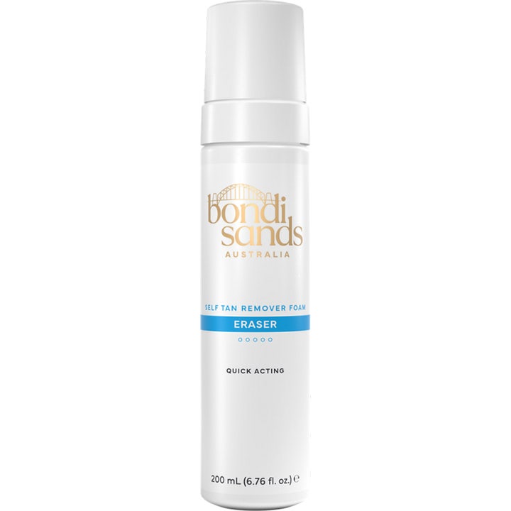Bondi Sands Self Tan Eraser 200ml rensende skum fjerner selvbruning effektivt i hvit pumpeflaske med gulldetaljer.