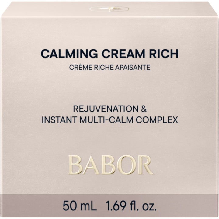 Babor Calming Cream Rich 50 ml beroligende ansiktskrem som demper rødhet i hvit eske med rosa etikett.