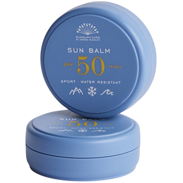 Rudolph Care Sun Balm SPF 50 vannavstøtende solbeskyttelse i blå krukke som beskytter huden mot solskader