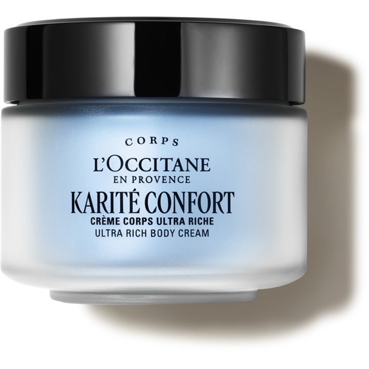 L'Occitane Shea Ultra Rich Body Cream 200ml nærende kroppskrem som gir fuktighet i frostet glasskrukke med sort lokk.