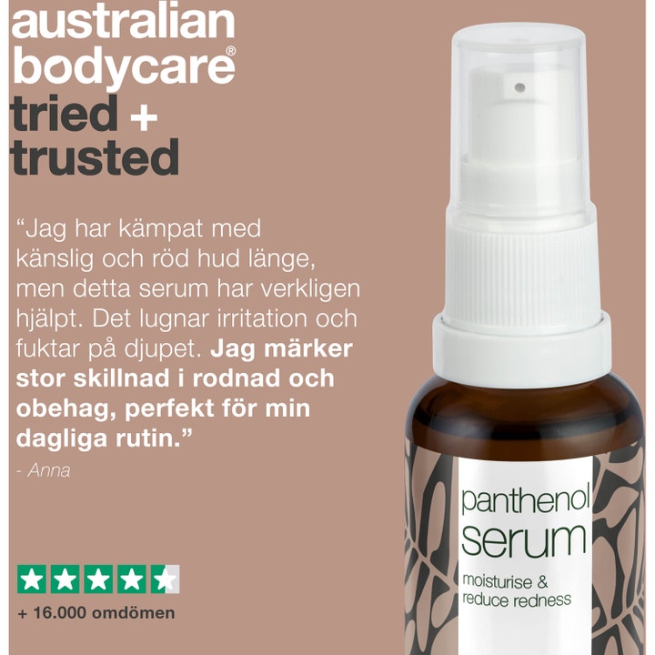 Australian Bodycare Panthenol Serum 30 ml fuktgivende serum i brun glassflaske med over 16.000 omdømmer