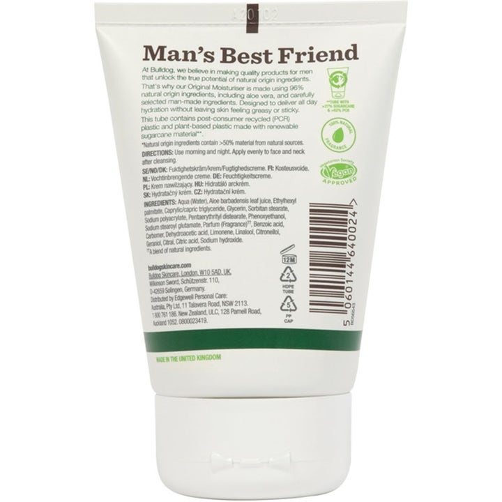 Bulldog Original Moisturiser fuktighetskrem på hvit plasttube med ingrediensliste og vegansk logo på baksiden.