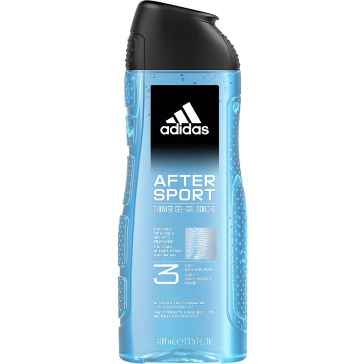 Adidas After Sport 3 i 1 Shower Gel 400 ml fuktighetsgivende dusjsåpe i lyseblå flaske med teksturert grep og svart kork