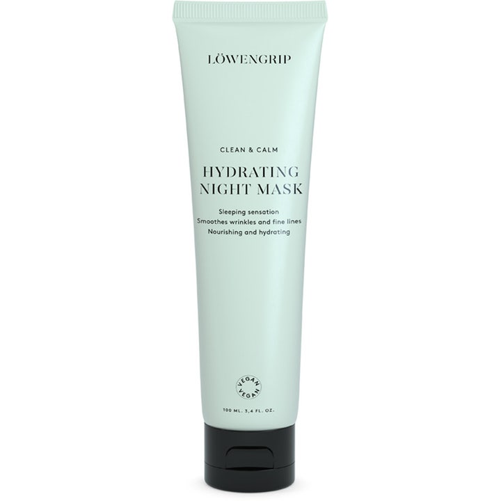 Löwengrip Clean & Calm Hydrating Night Mask 100 ml fuktighetsgivende nattmaske i lys mintgrønn tube med sort kork.