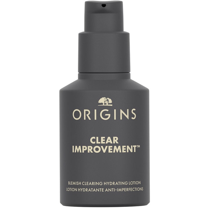 Origins Clear Improvement Blemish Clearing Hydrating Lotion ansiktskrem mot urenheter i matt mørkegrå pumpeflaske.