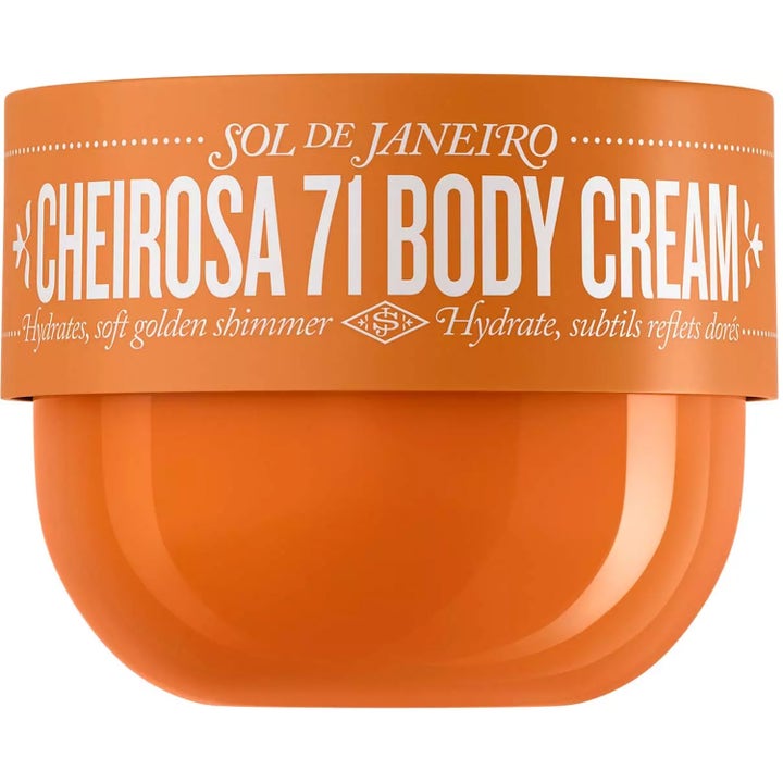 Sol de Janeiro Cheirosa 71 Body Cream fuktighetsgivende kroppskrem i en oransje krukke som gir huden gyllen skimmer
