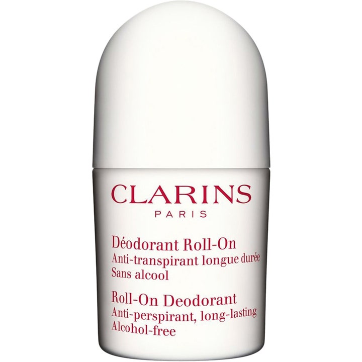 Clarins Roll-On Deodorant alkoholfri antiperspirant som gir langvarig beskyttelse i hvit beholder med rød tekst.